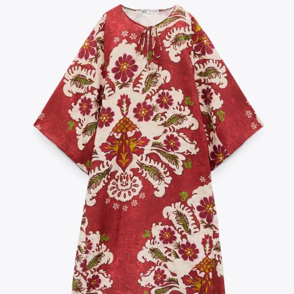 Zara Linen Blend Printed Tunic Dress Size M/L - Picture 9 of 13